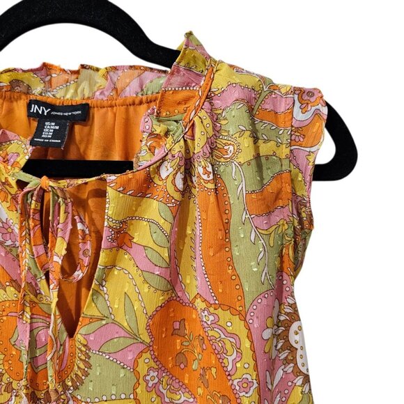 Jones New York Sleeveless Ruffle V Neck Retro Floral Colorful Tank Top - Picture 3 of 7